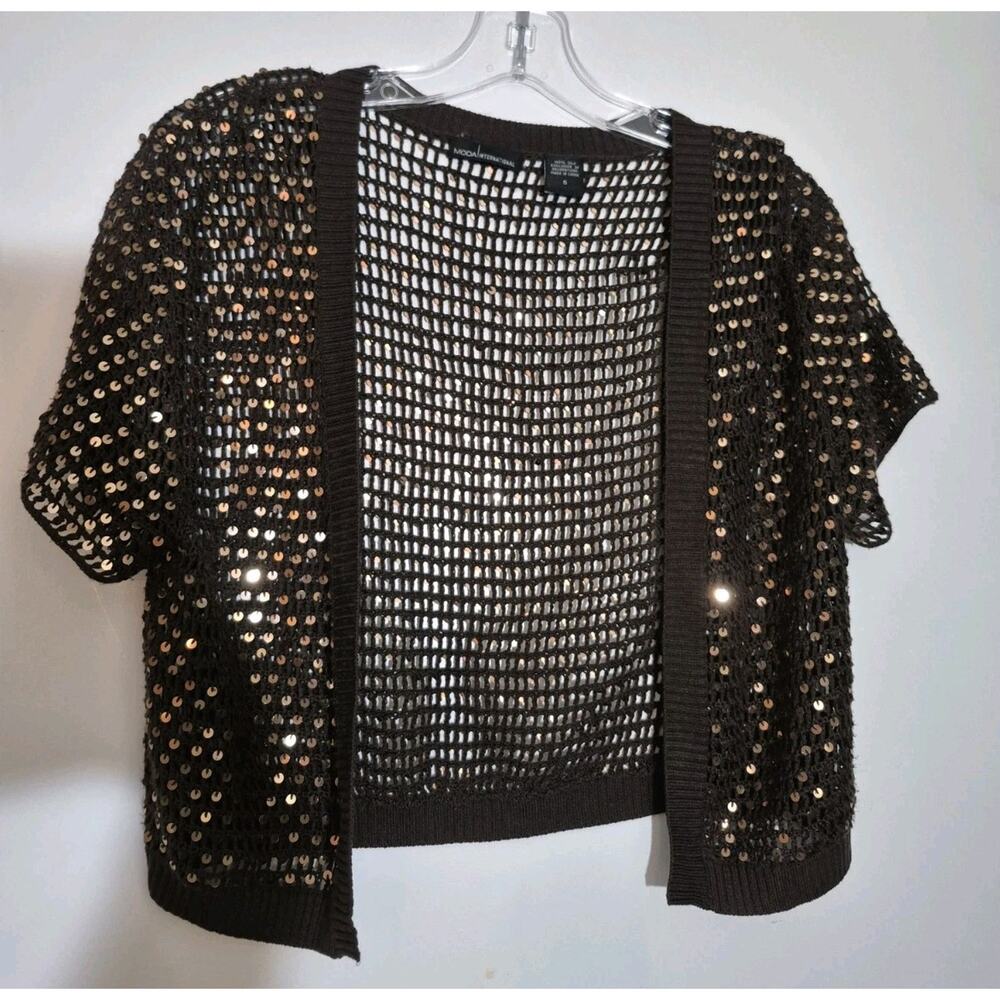 💥 MODA INTERNATIONAL S Y2K VTG BROWN SILK KNIT SEQUIN BOLER CARDIGAN D1